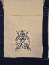 Close up of cotton bag showing Maritime Museum of BC Crest in Navy Blue